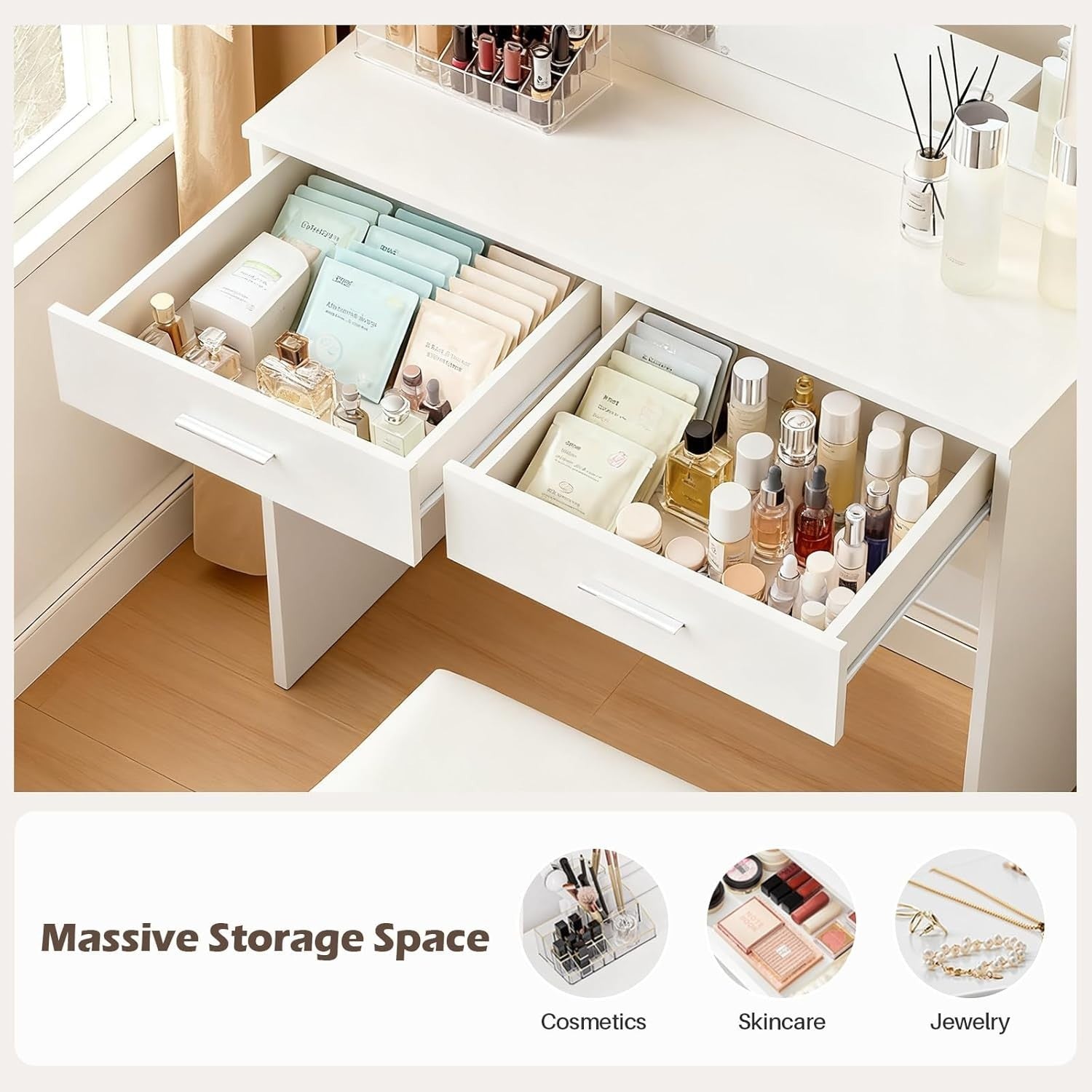 White LED Vanity Dressing Table Makeup Desk Stool Set 2 Drawers Storage Mirror