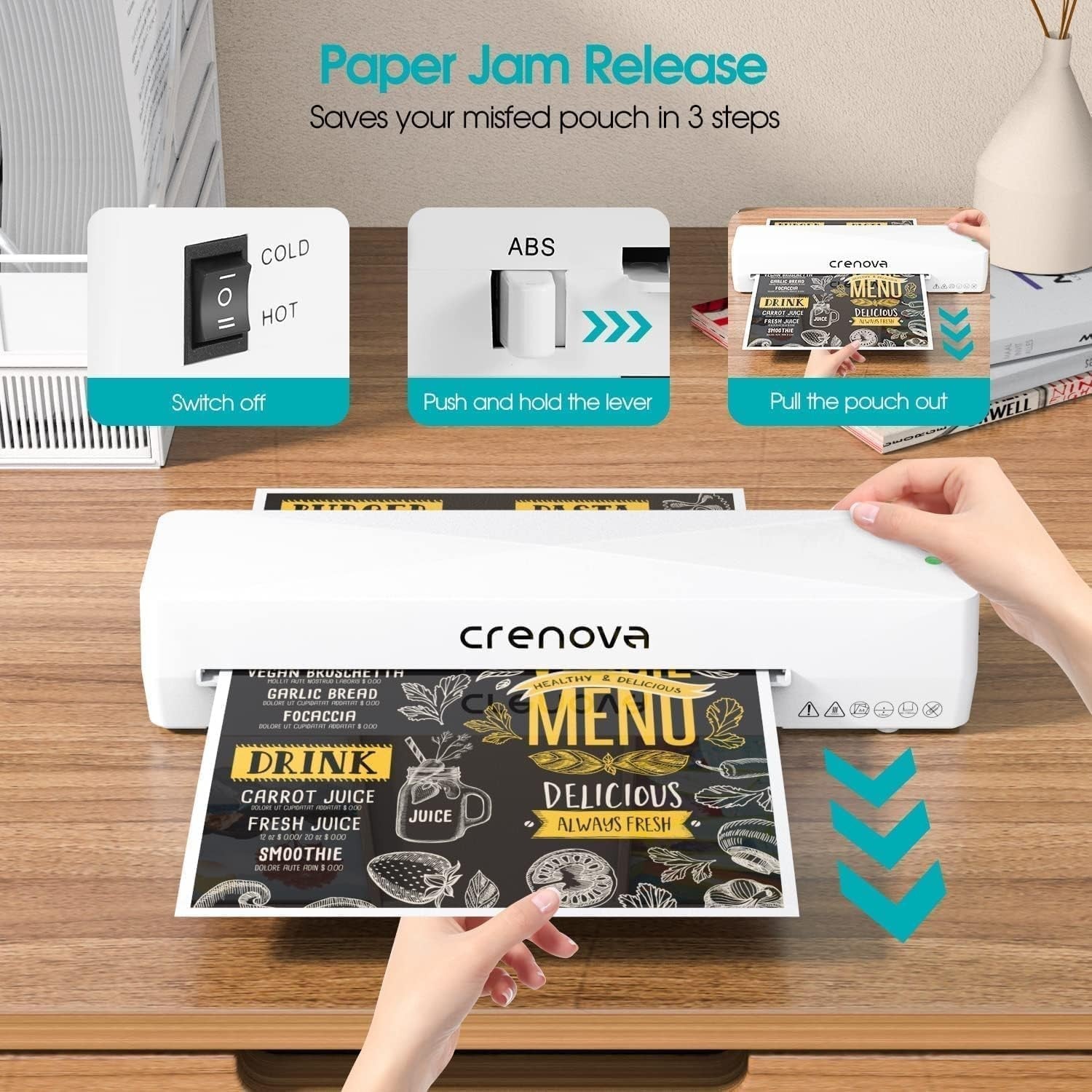 A4 Laminator Machine Hot Cold Fast Warm Up Anti Jam + Starter Pouches
