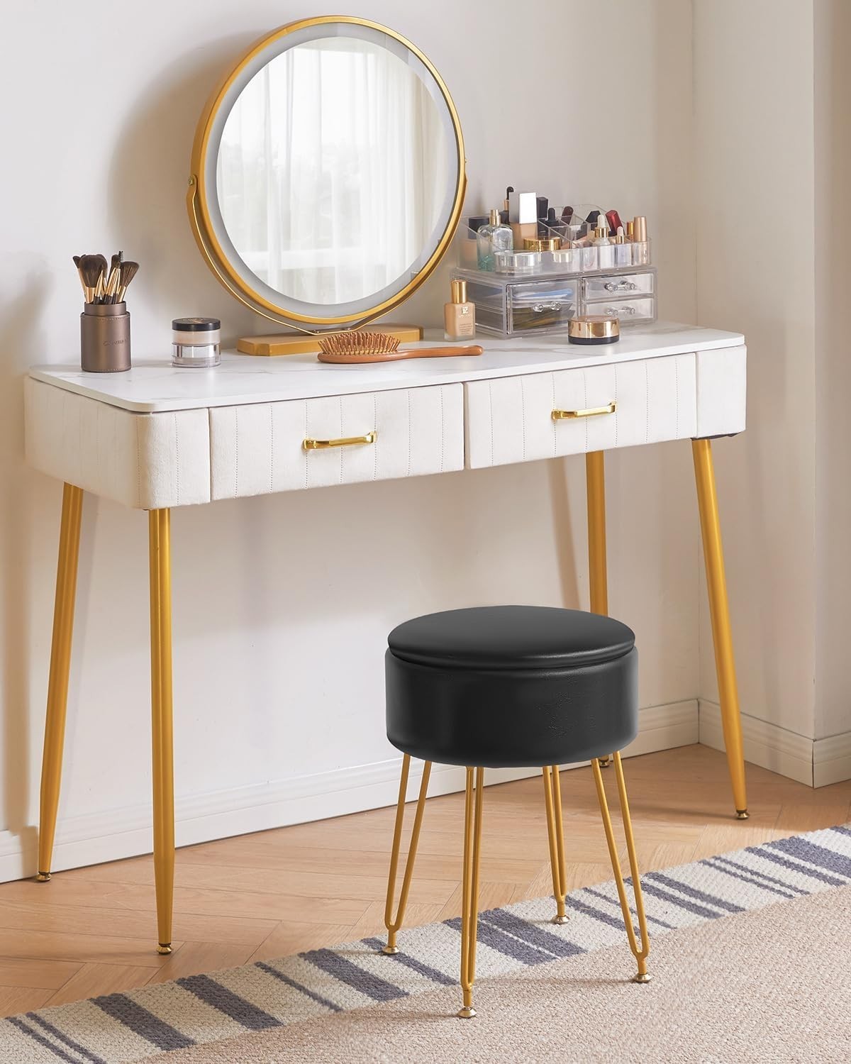 Black Faux Leather Round Stool with Storage – Vanity Seat & Footrest