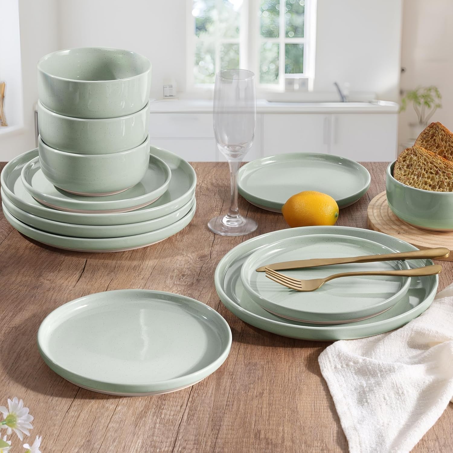 12pc Stoneware Dinnerware Set Plates Bowls Green for 4