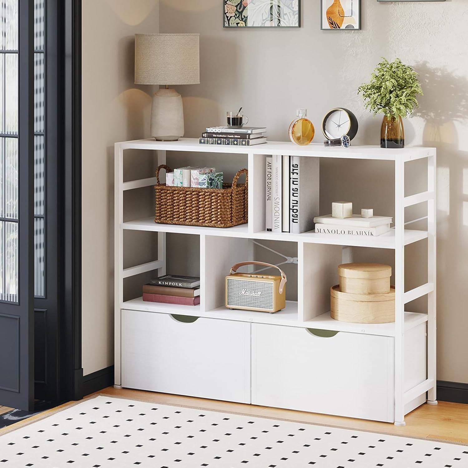 4 Tier White Bookcase with 2 Drawers Modern Storage Shelf for Living Room White