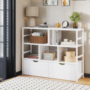 4 Tier White Bookcase with 2 Drawers Modern Storage Shelf for Living Room White