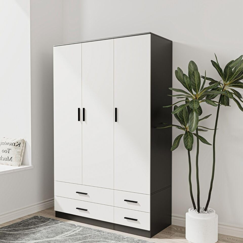 3 Door 4 Drawer Wardrobe Hanging Rail Bedroom Storage Black & White Unit