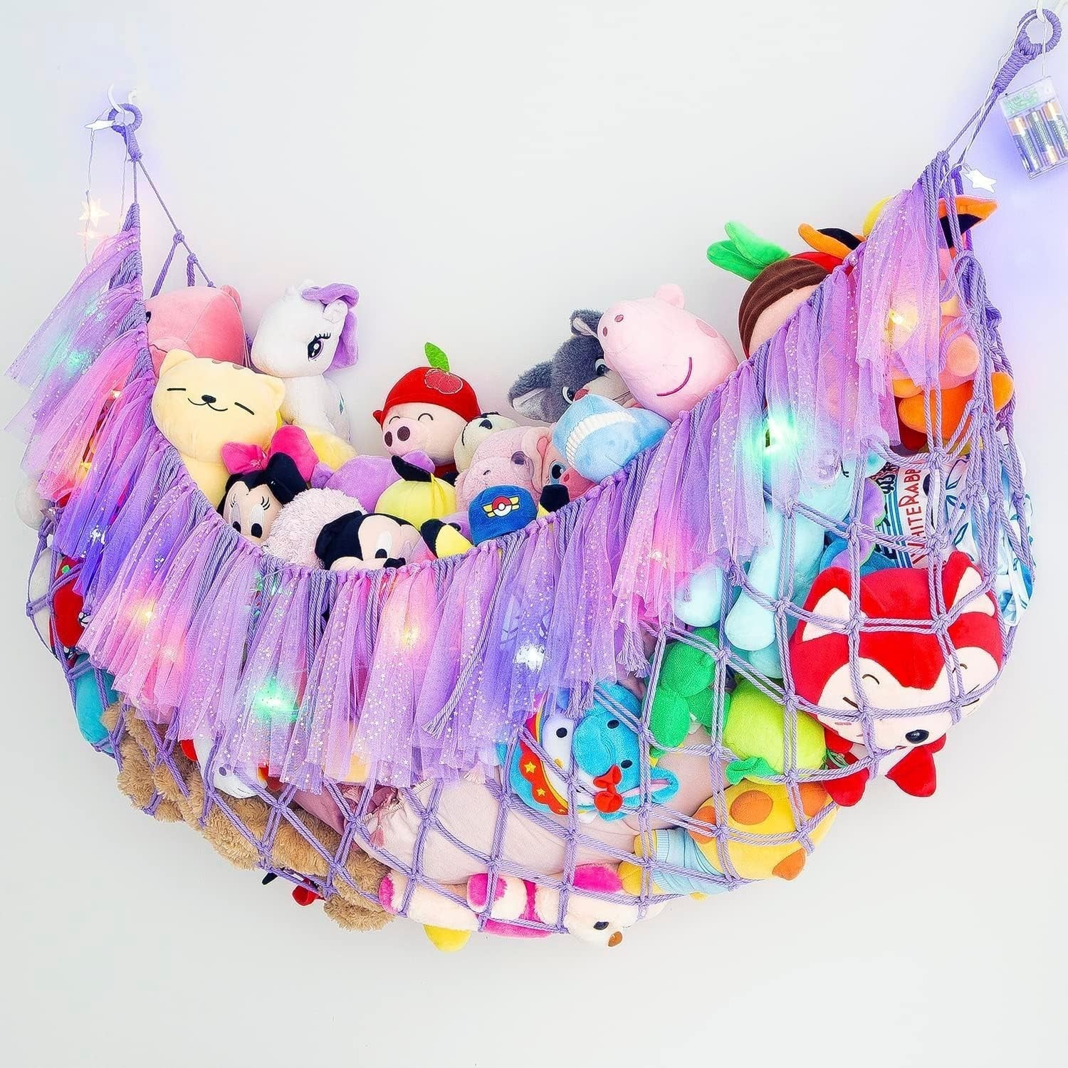 Purple Macrame Toy Hammock with LED Lights – Plush Animal Storage Net
