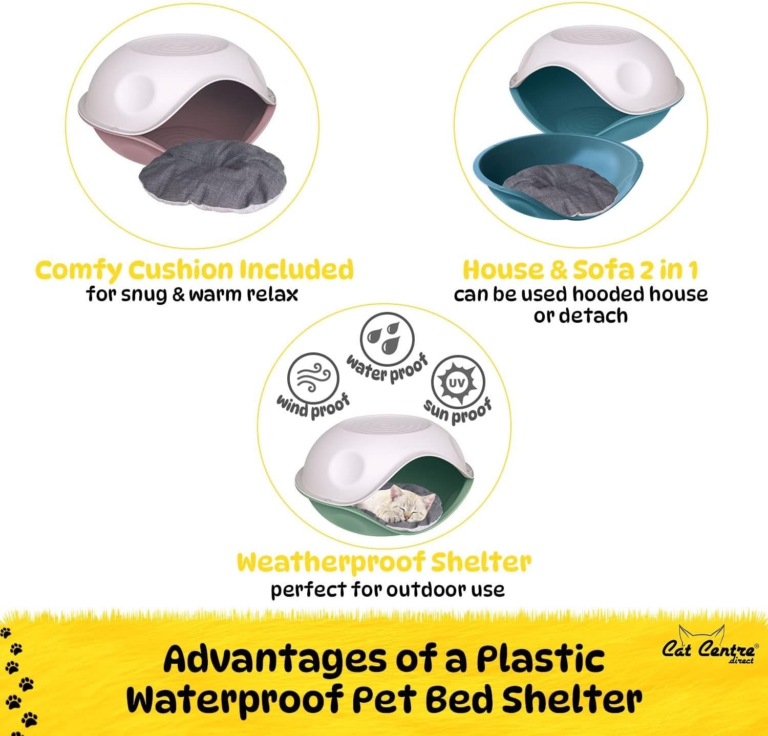 Weatherproof Plastic Pet House & Bed 2-in-1 Covered Kennel 57.5x57.5x31cm