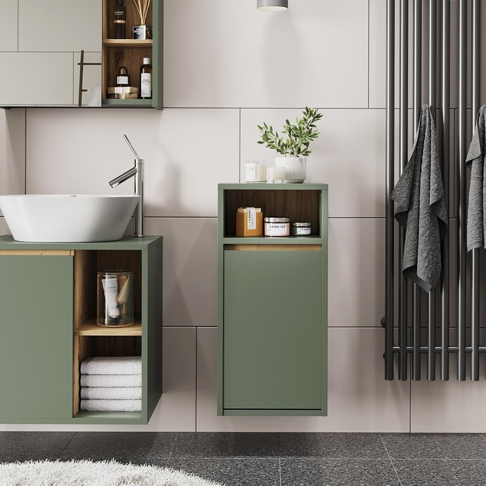 Bathroom Laundry Cabinet with Basket Slim Storage Unit Green Modern Cupboard