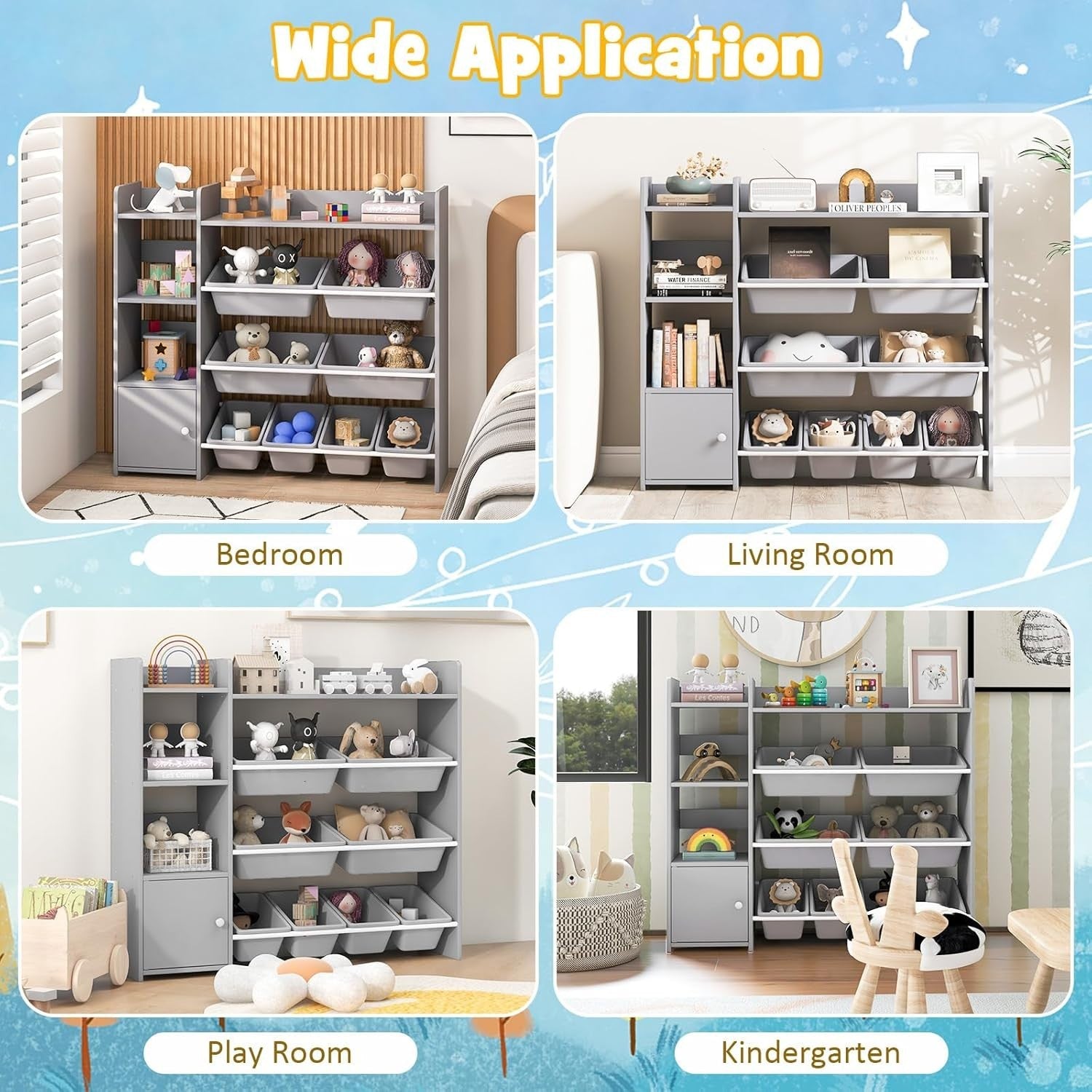 4 Tier Kids Toy Storage Unit with Bins Bookshelf & Cabinet Grey 112x30x100cm