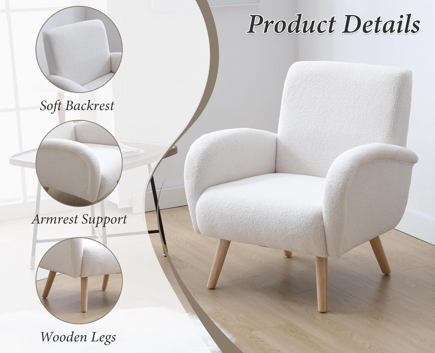 Faux Fur Accent Armchair White Lounge Chair High Back Wood Legs Modern