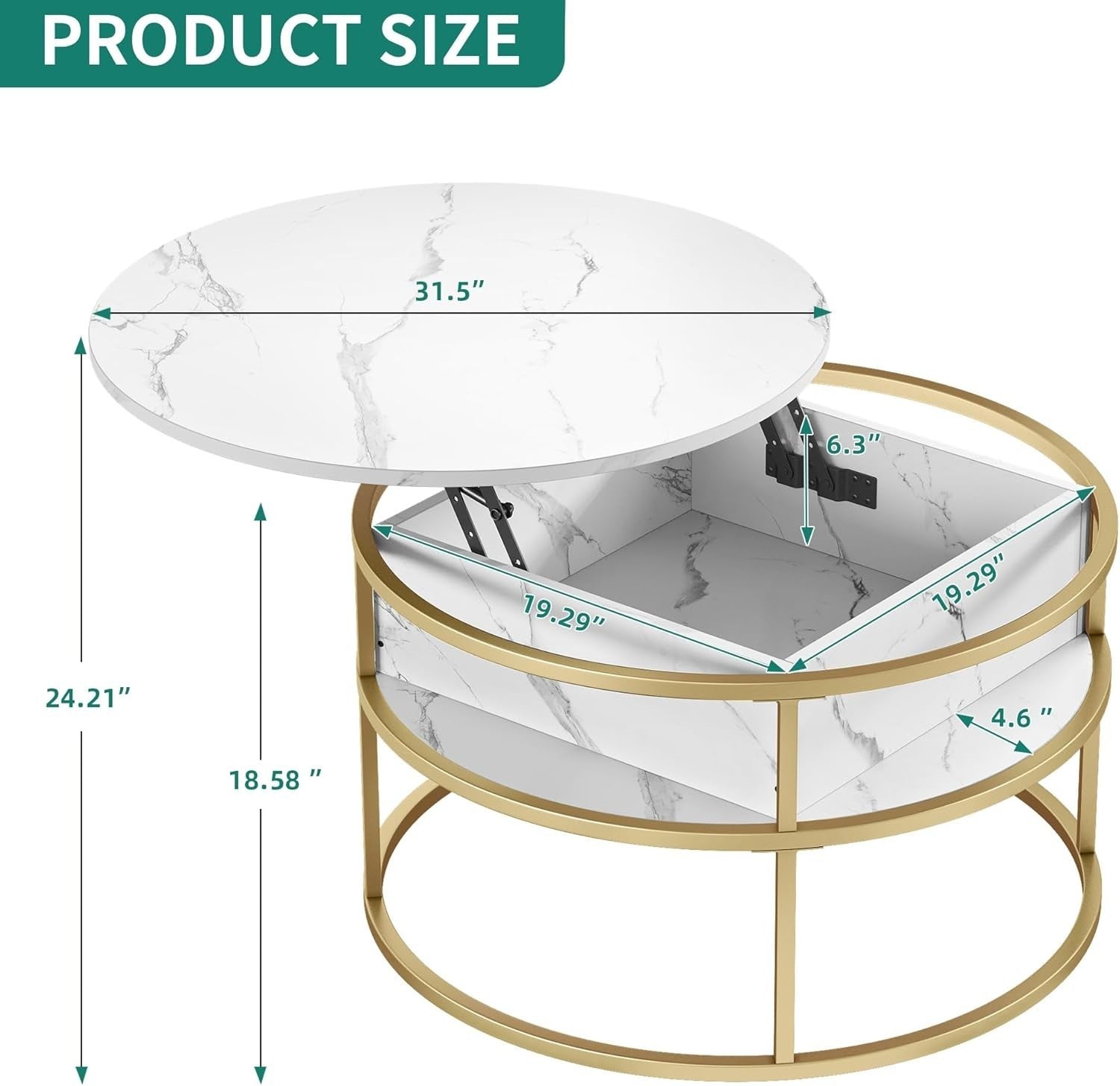 Round Lift Top Coffee Table White Gold 80x80x47cm with Hidden Storage
