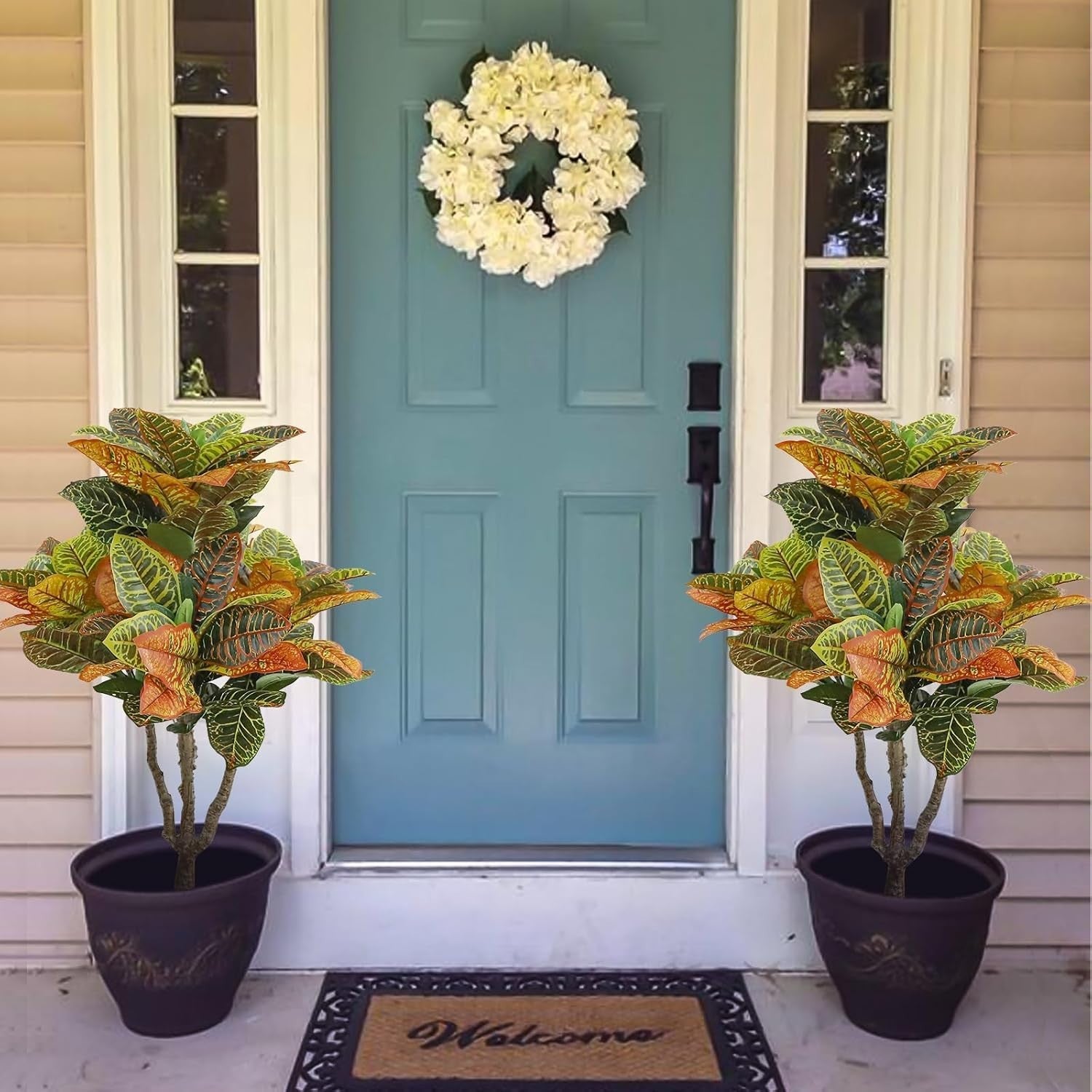 2PCS Croton Artificial Plants 35inch Faux Fiddle Leaf Trees Indoor Outdoor Decor