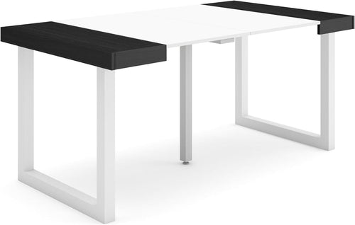 Extendable Folding Dining Table for 8 with Solid Wood Legs, White & Black