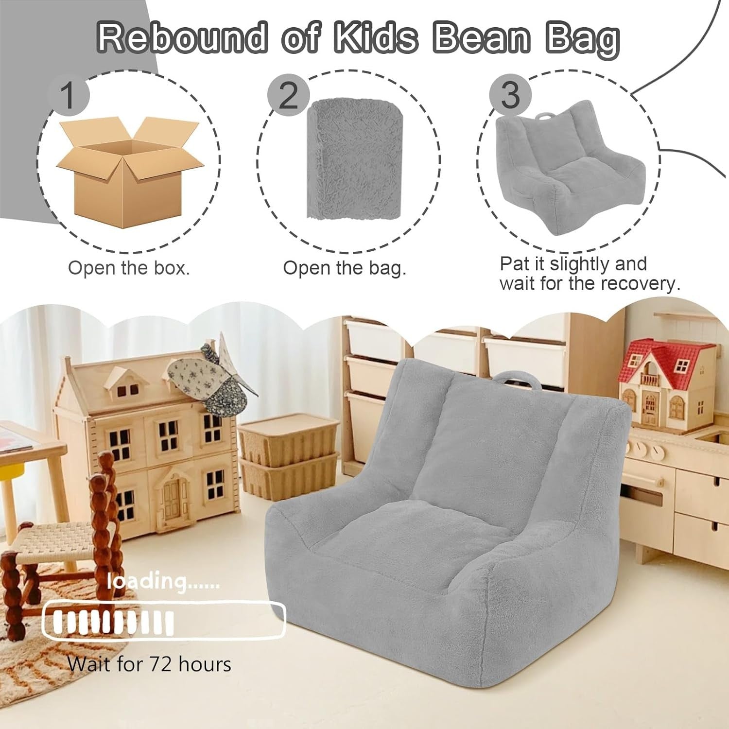 Kids Bean Bag Chair Sofa Grey | Comfy Toddler Seat Foam Filled Soft