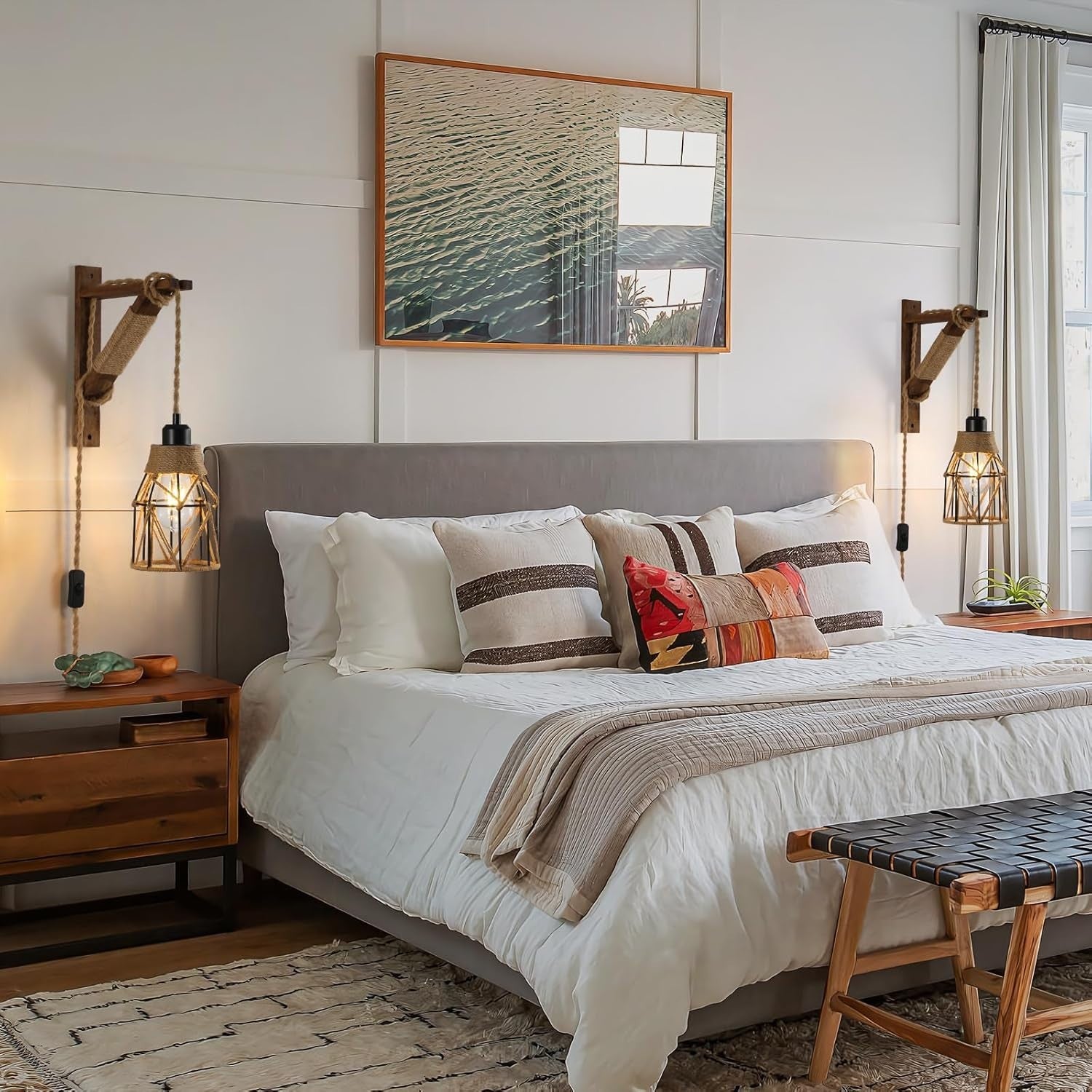 Rustic Farmhouse Plug-in Wall Sconces with Metal Cage & Wooden Bracket