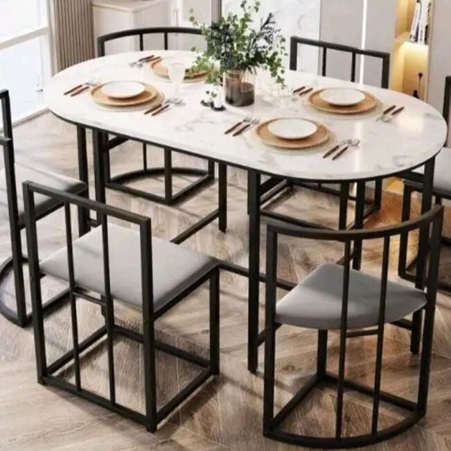 6 Seater Marble Dining Table Set – Modern Black Frame + Cushioned Chairs