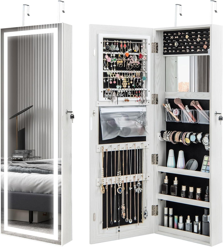 Wall Mount Jewelry Armoire LED Mirror Lockable Storage Organizer White