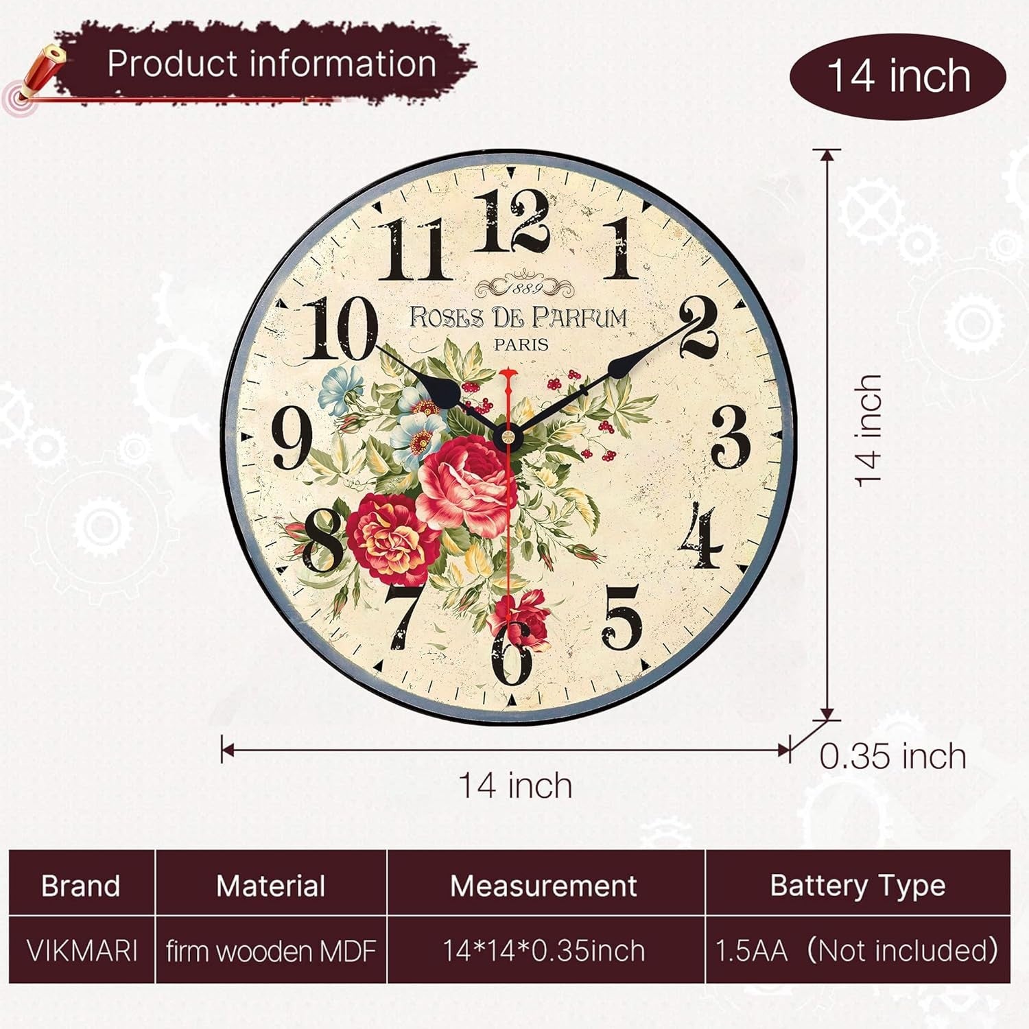 14” Vintage Floral Wall Clock Silent Non-Ticking Wooden Rustic Arabic Numeral