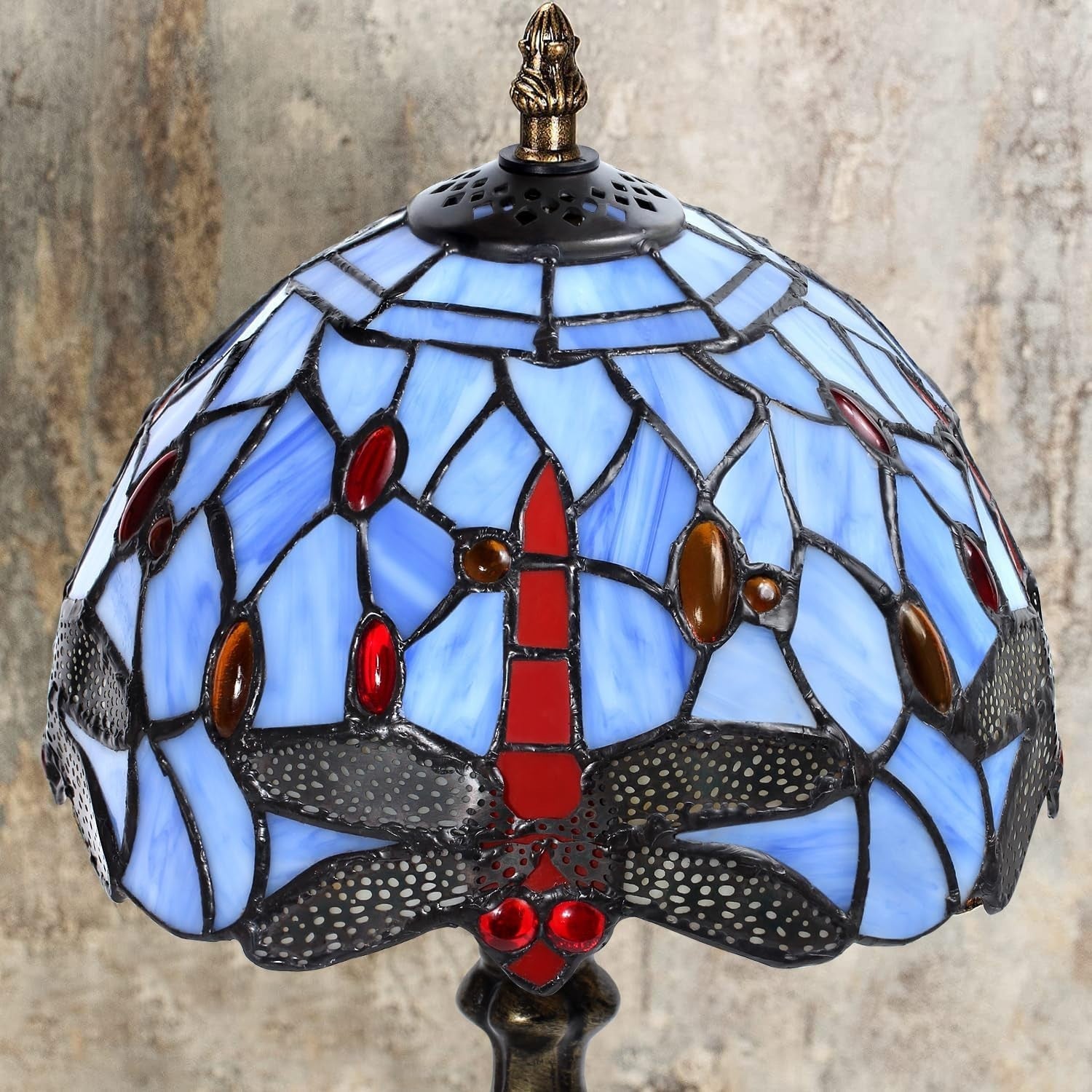 Stained Glass Table Lamp Blue Dragonfly Night Light for Bedroom Office