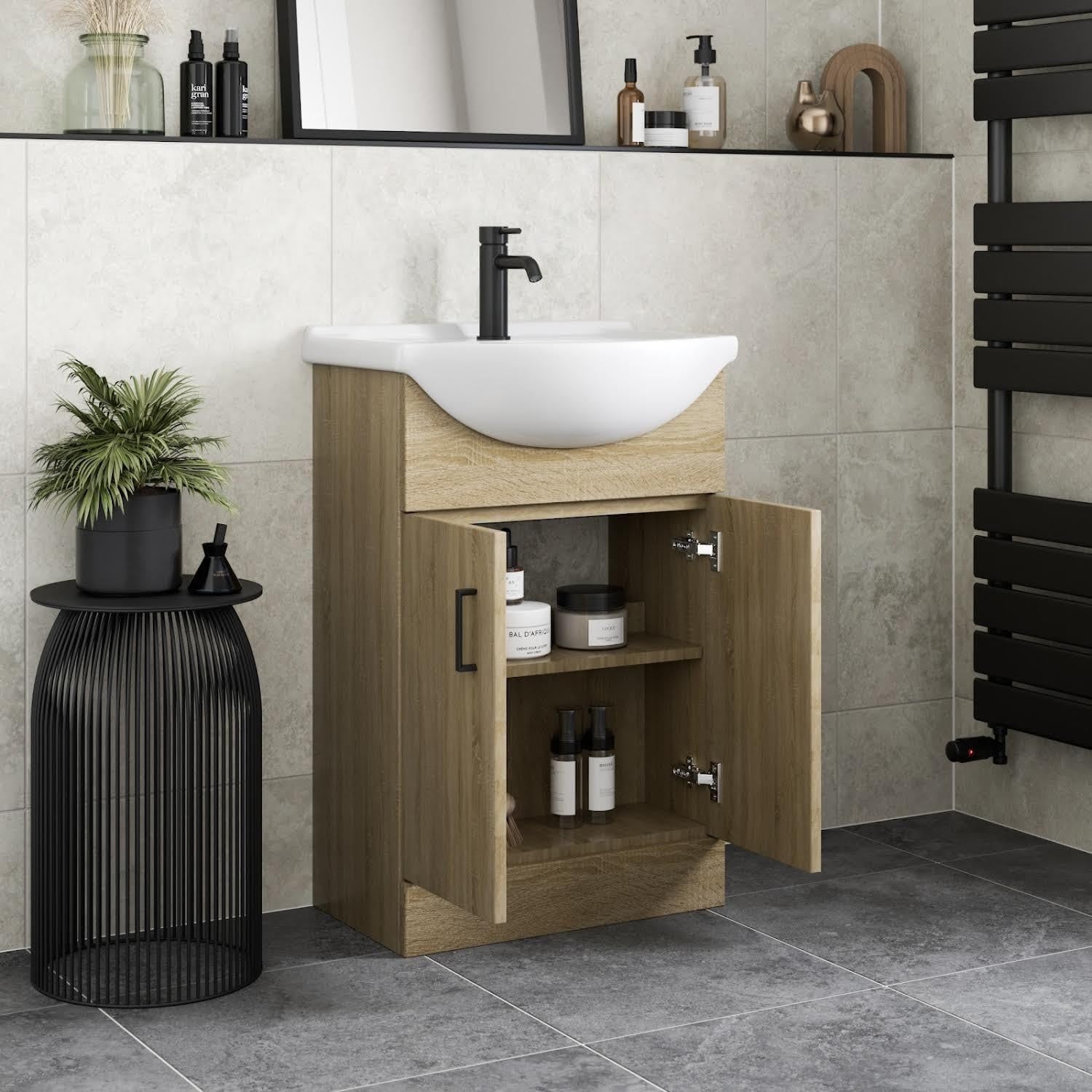 560mm Oak Effect Vanity Sink Unit – Freestanding Bathroom Basin Cabinet