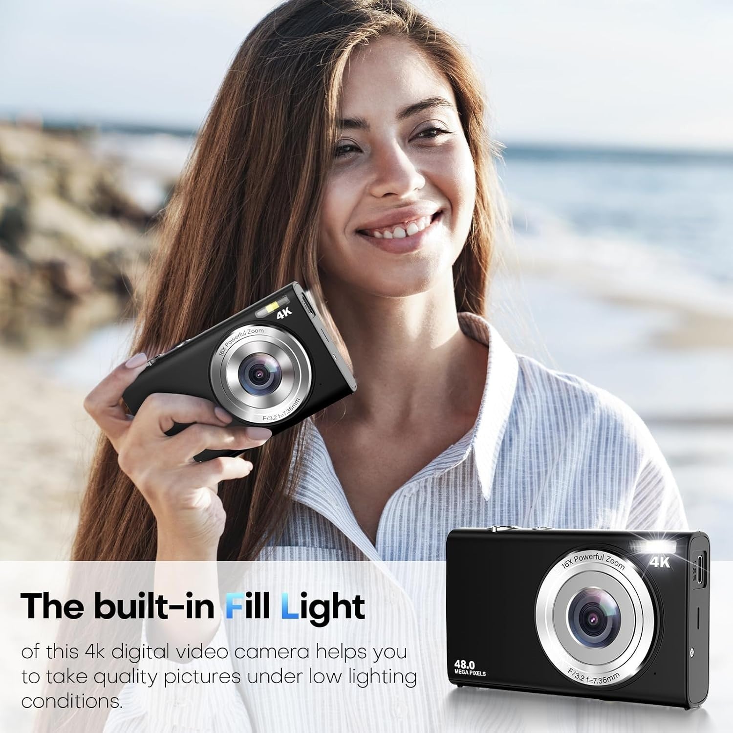4K 48MP Digital Camera Autofocus Compact Camera 32GB 16X Zoom Black