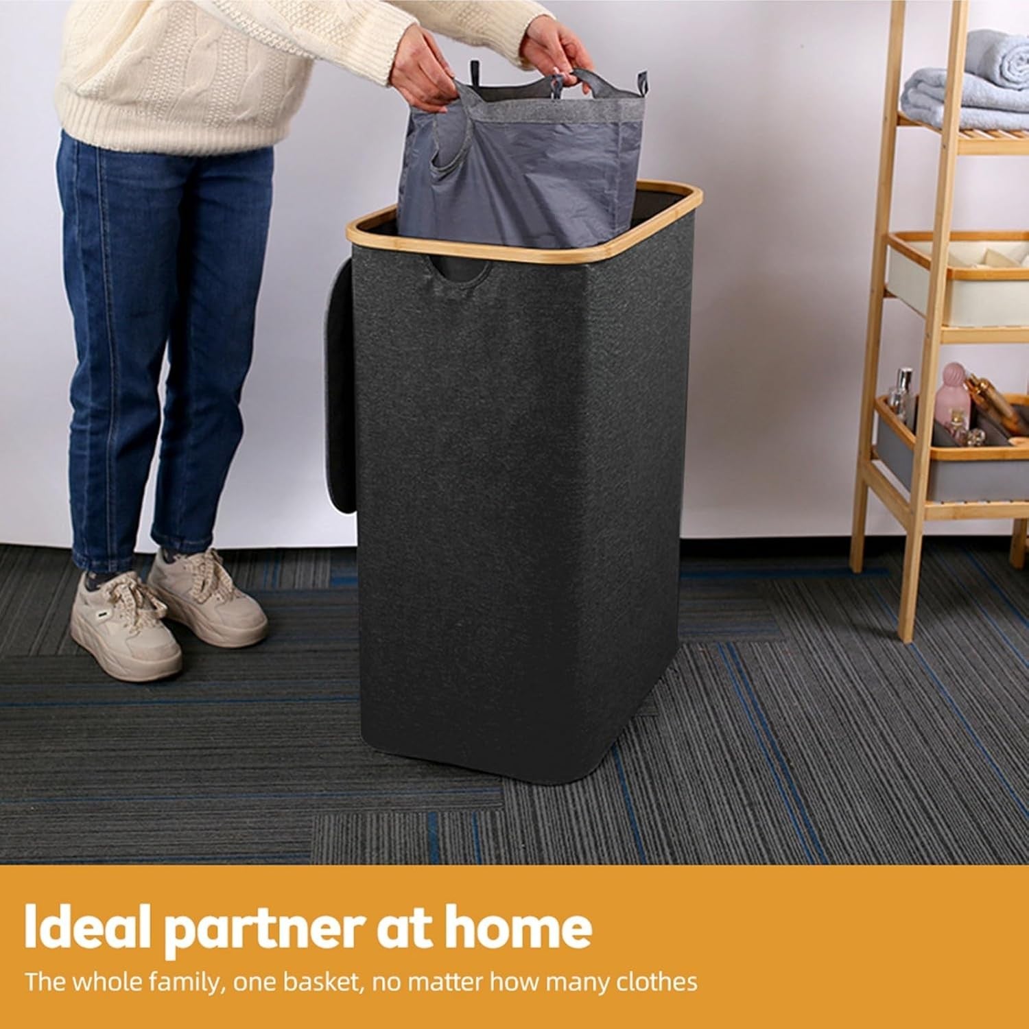 Black Foldable Laundry Hamper with Lid 3-Section Clothes Organizer 160L