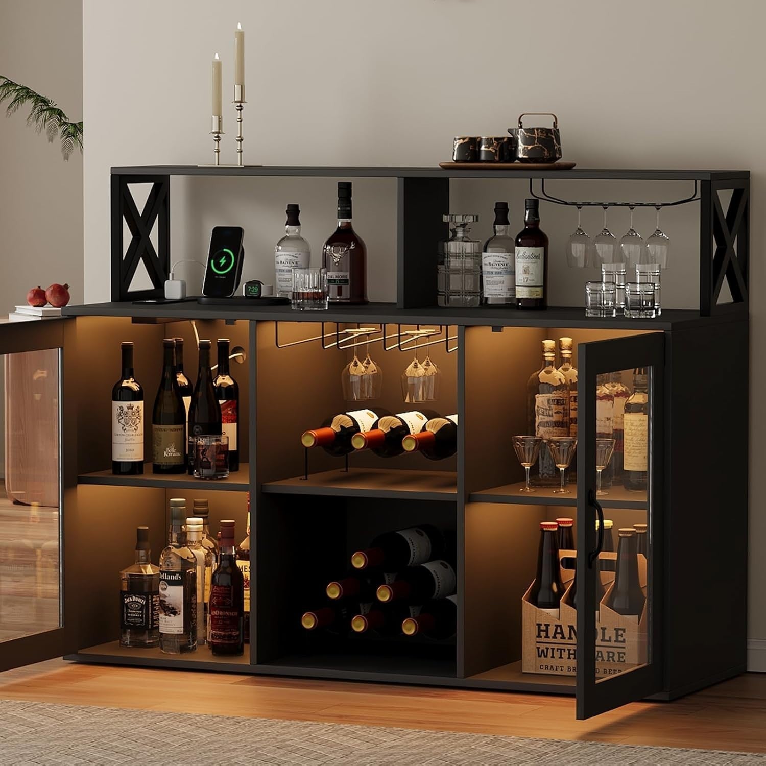 LED Bar Cabinet with USB Ports, Wine & Glass Storage, 3-Tier Buffet Sideboard
