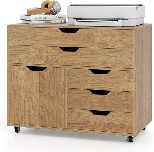 Natural Mobile File Cabinet 5 Drawer Side Cupboard Rolling Printer Stand