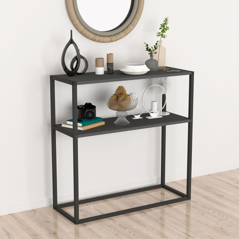 Slim 90cm Console Table with Shelves – Metal Frame Entryway Hall Unit