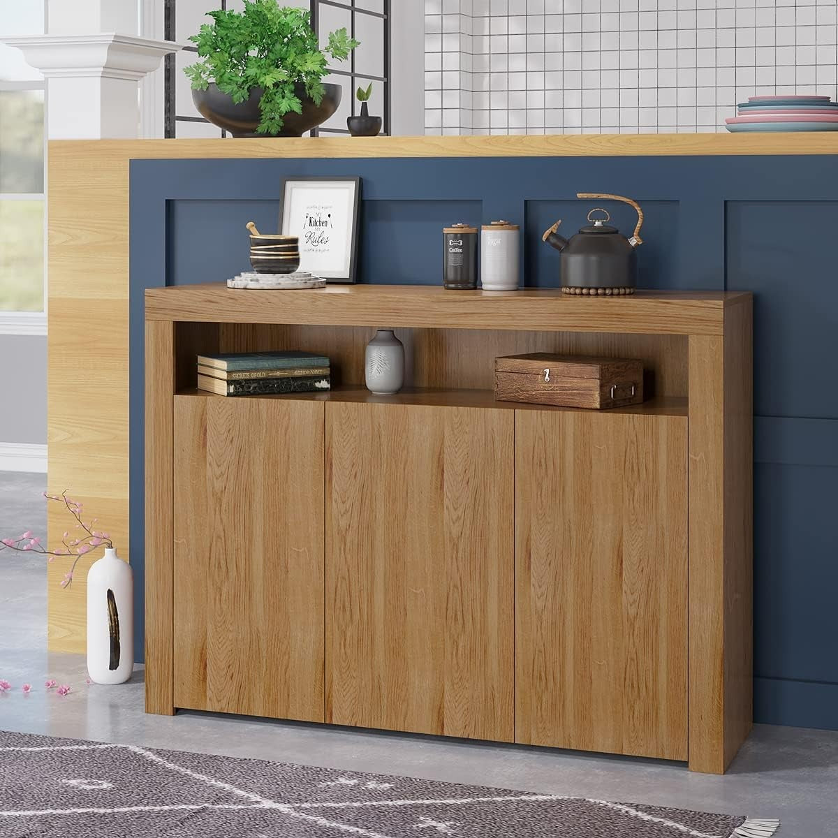 Oak Sideboard Cupboard Unit with 3 Doors, Shelf & LED Light – 130cm Wide