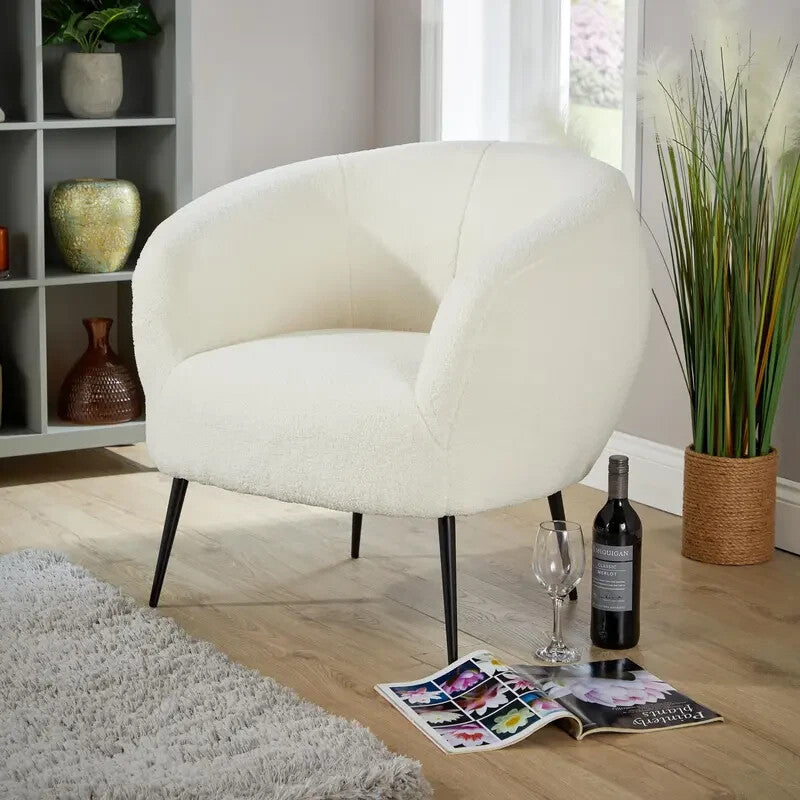 White Faux Fur Accent Chair Plush Round Back with Black Legs Lounge Seat