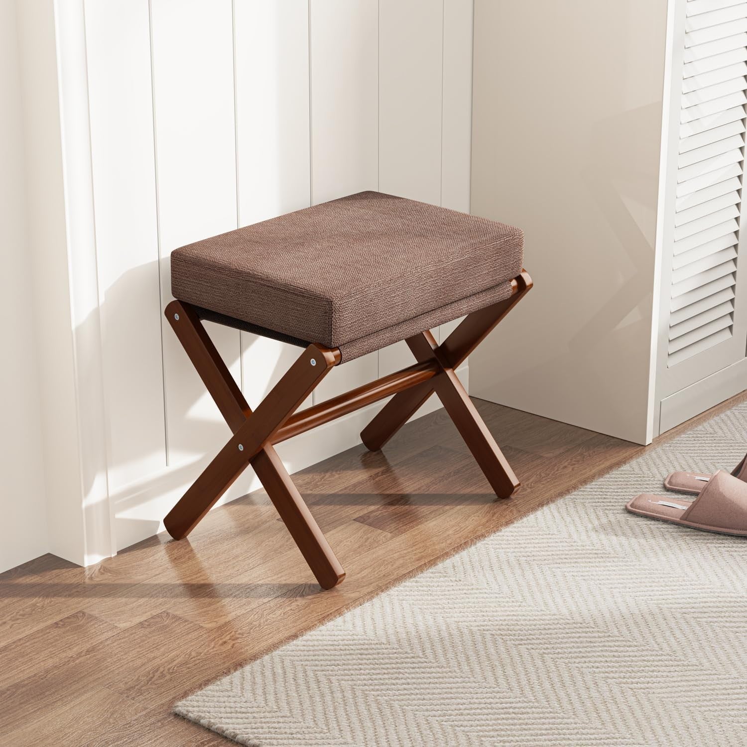 Brown Foldable Footstool Ottoman with Bamboo X-Legs & Thick Chenille Cushion
