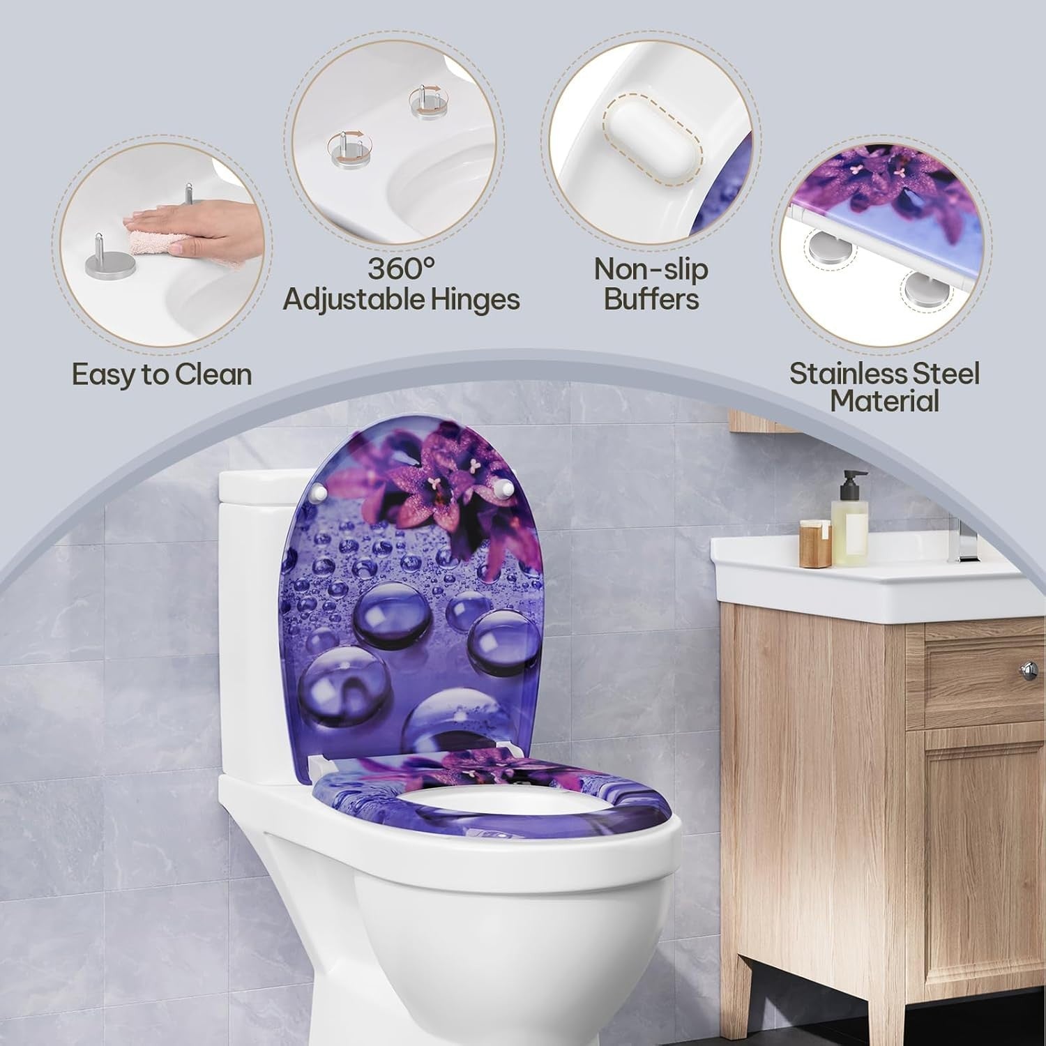 Soft Close O-Shaped Toilet Seat Quick Release Duroplast Violet Raindrops Print