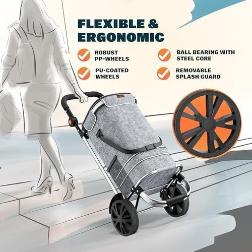 Foldable 3-in-1 Grey Shopping Trolley with Cooler Bag – 56L, 50kg Load