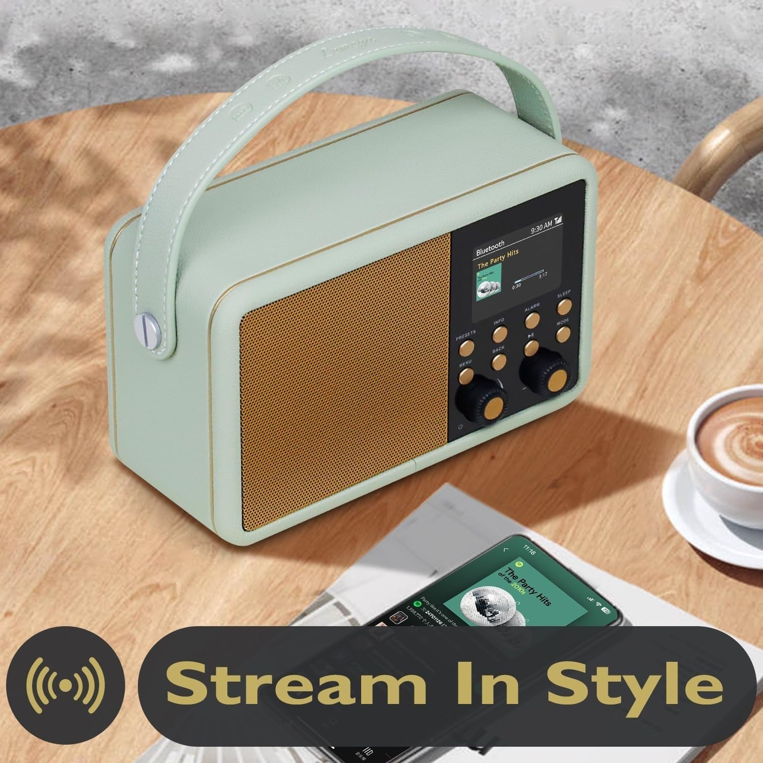 DAB+ Digital Radio Bluetooth Alarm Clock 60 Presets Green