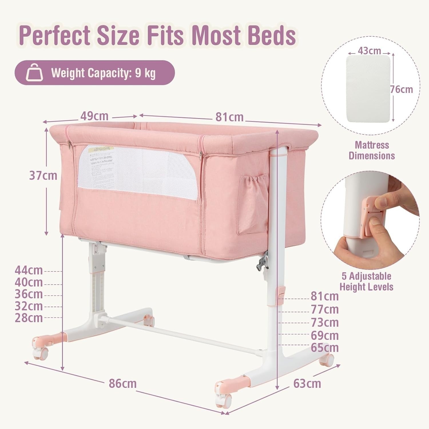 3in1 Baby Bassinet Bedside Crib Co-Sleeper Cot with Mattress & Wheels Pink