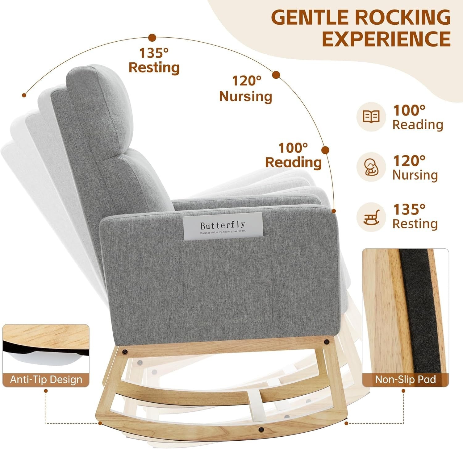Rocking Chair High Back Linen Armchair with Pockets for Nursery Bedroom
