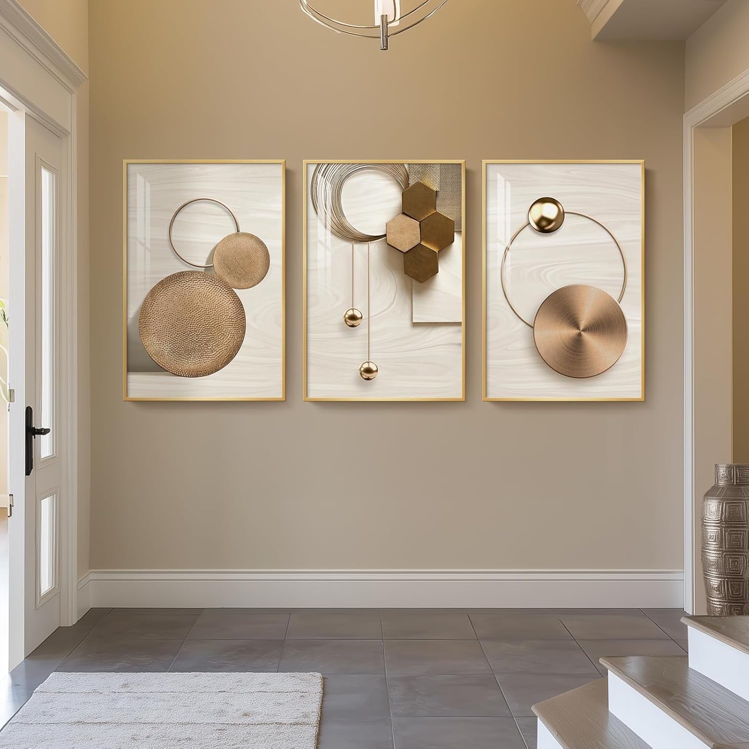 Large Framed Gold Abstract Wall Art 3 Panel 24x36in Luxury Set