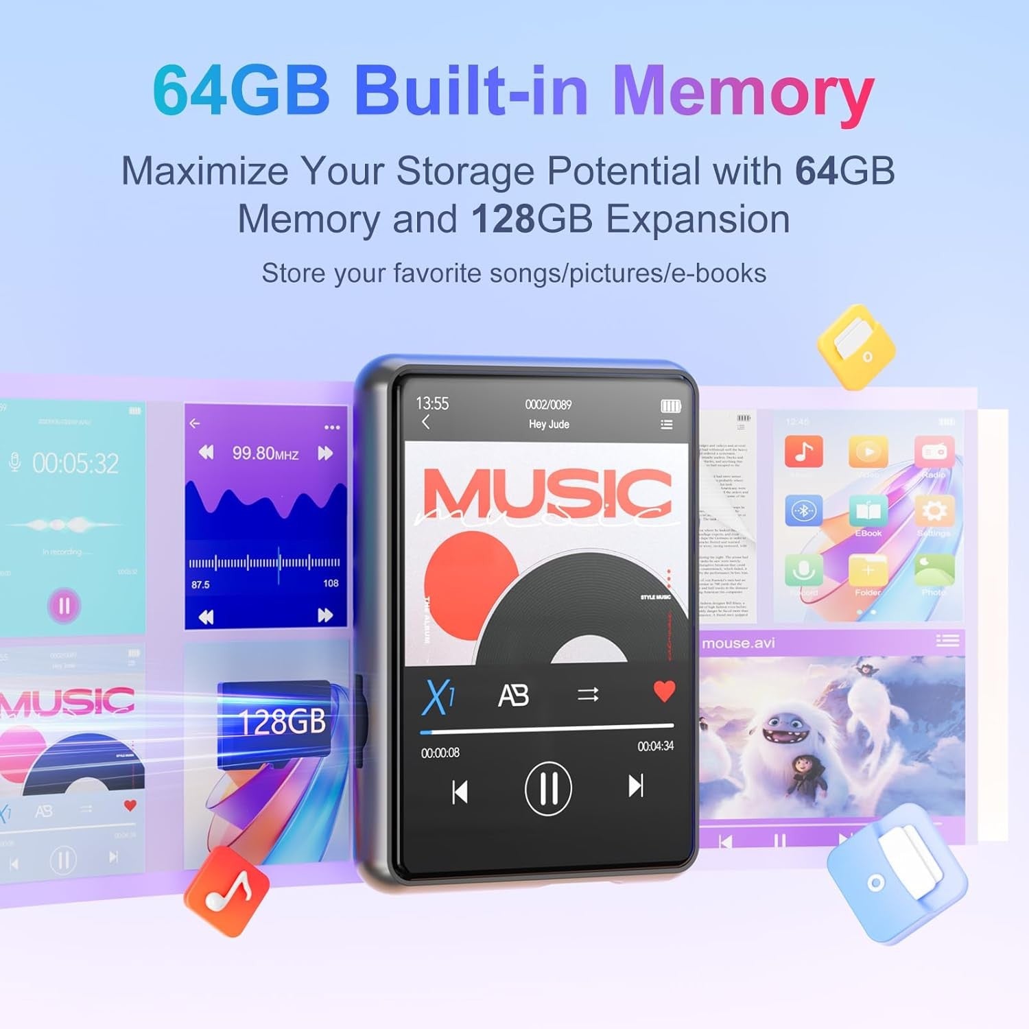 64GB MP3 Player Bluetooth 5.3 2.4" Touch Screen Speaker