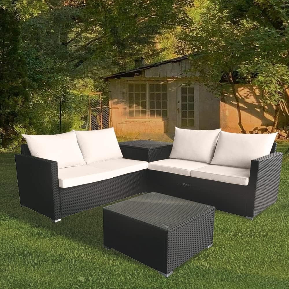4 Seater Rattan Garden Sofa Set with Storage, Coffee Table & Weatherproof Cushio