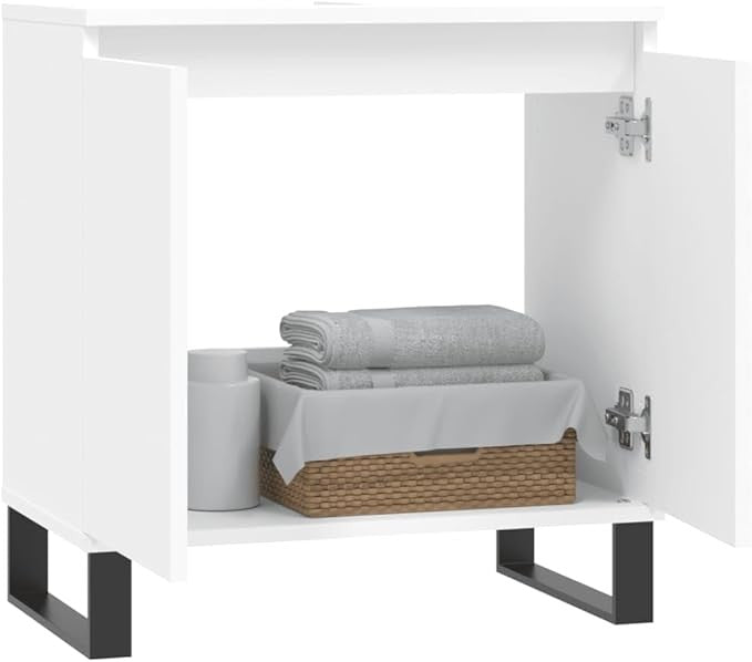 White Under Sink Bathroom Cabinet 58cm Modern Vanity Unit with Doors & Metal Leg