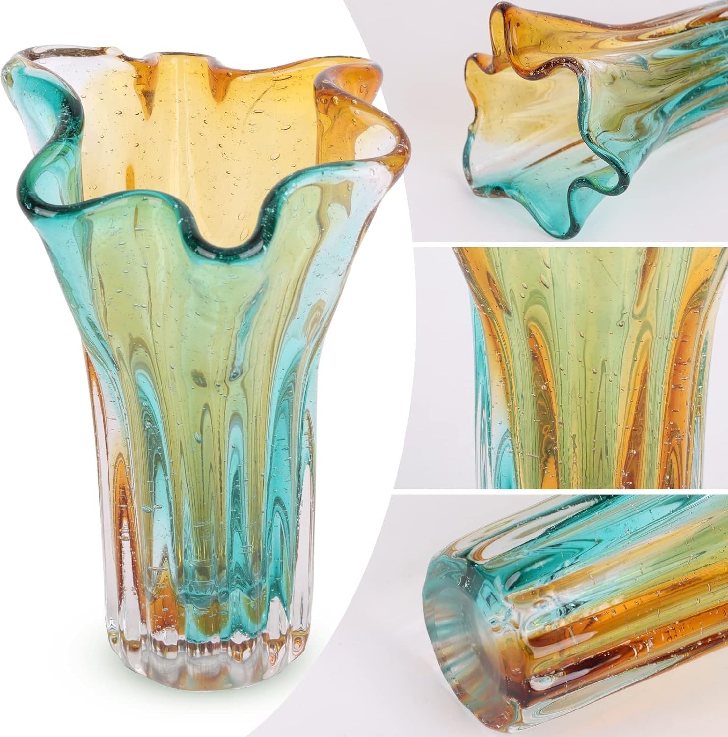 Hand Blown Wide Mouth Glass Vase Modern Art Petal Shape Table Decor