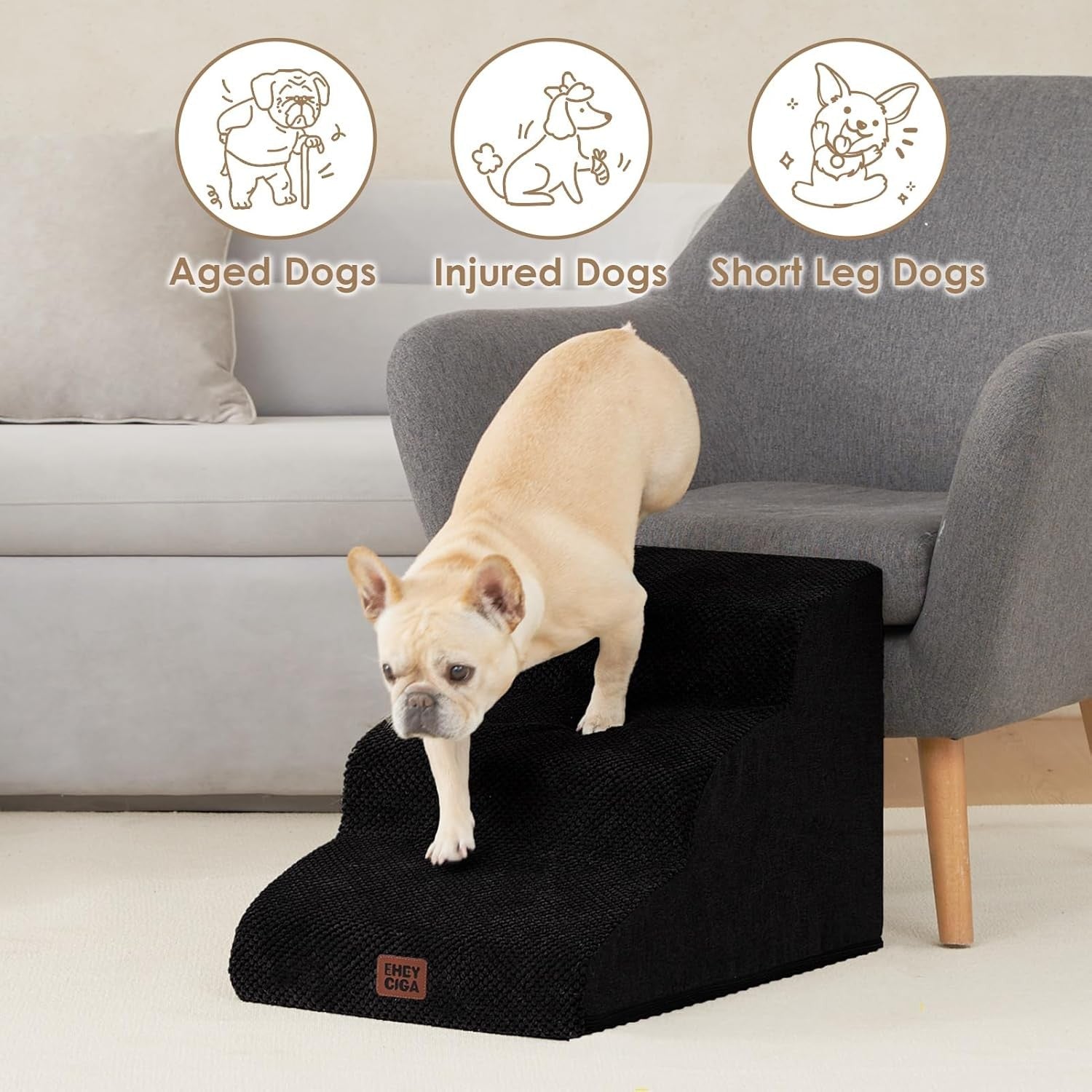 3 Step Dog Stairs for Bed Sofa Non Slip Foam Pet Steps Washable Black