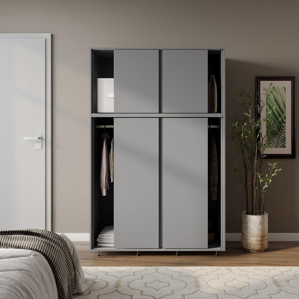 6-Door Grey Sliding Wardrobe with Adjustable Feet & Modern Bedroom Storage