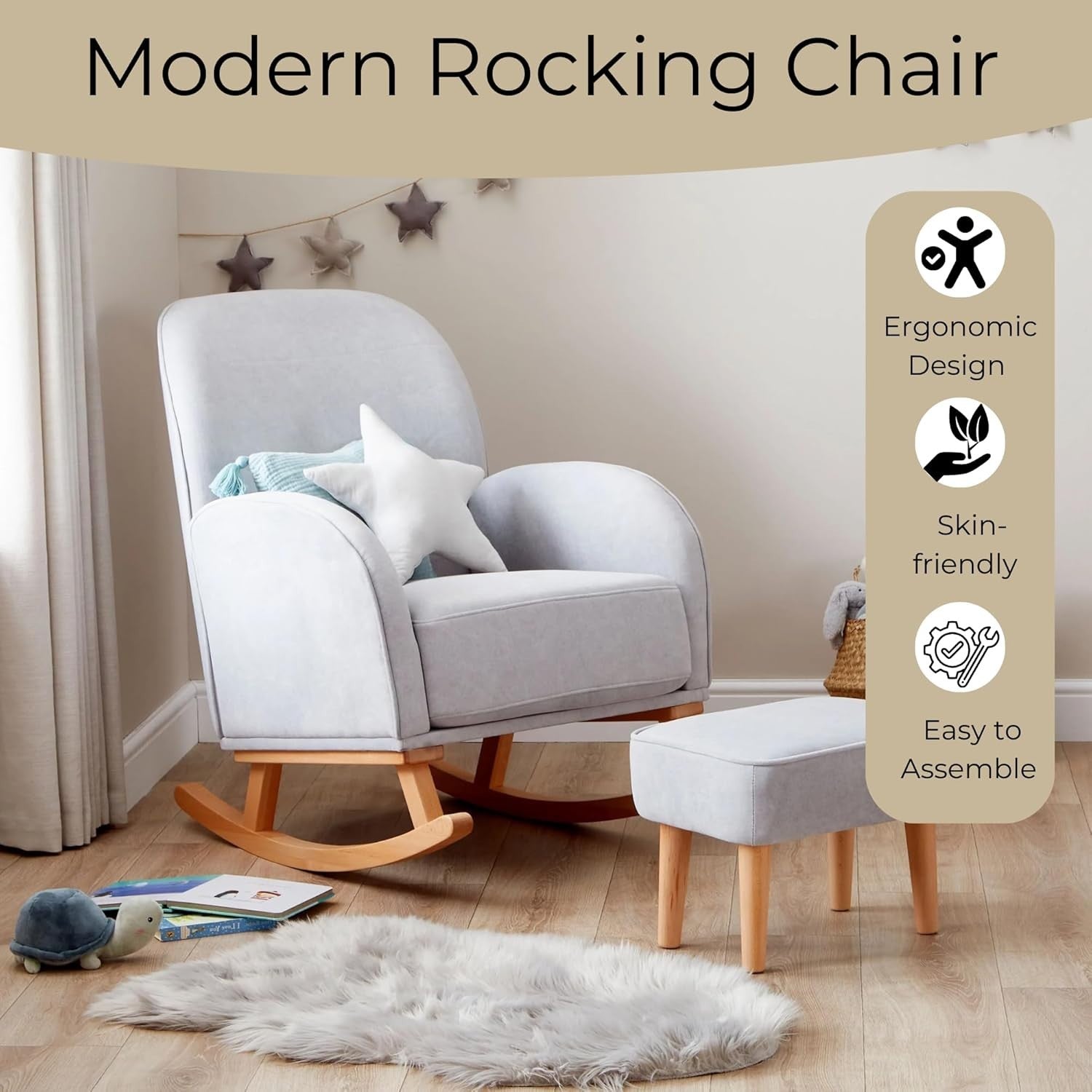 Nursing Rocking Chair & Footstool Grey | Soft Fabric, Wood Base, Comfy
