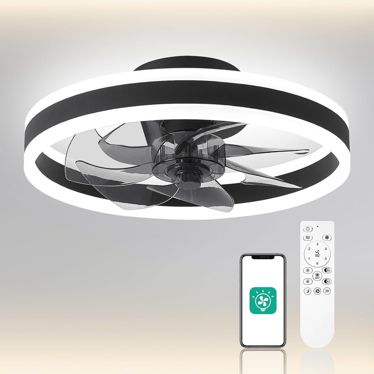 16" Smart Ceiling Fan LED Light, 6 Speeds, Reversible, App & Remote, Black