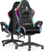 RGB LED Gaming Chair Reclining PU Leather Swivel Desk Chair Black