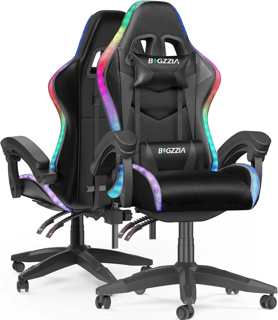 RGB LED Gaming Chair Reclining PU Leather Swivel Desk Chair Black