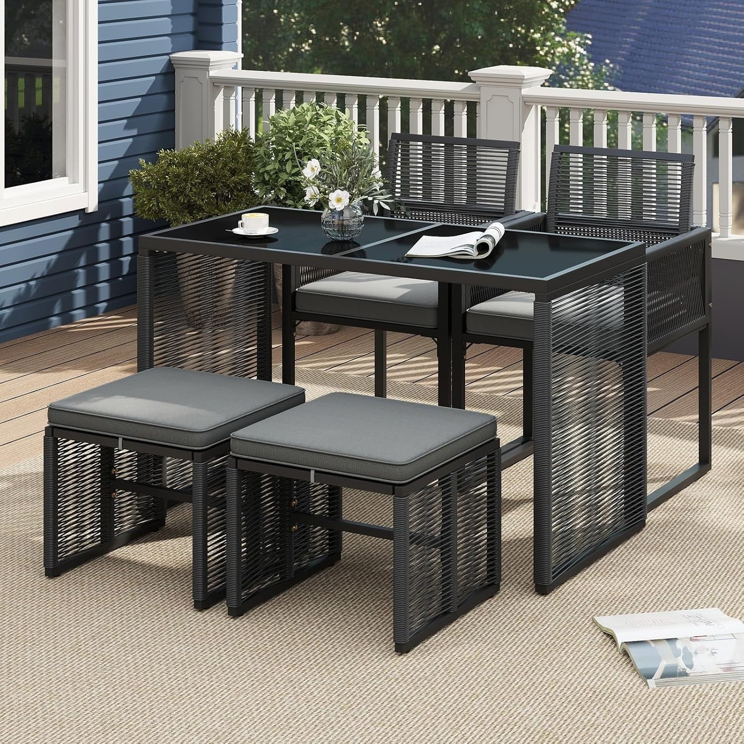 5 Piece Rattan Garden Dining Set Table Chairs Ottomans Cushions Space Saving