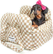 Dog Car Booster Seat Pet Travel Carrier Bed Safety Leash Checkered Khaki