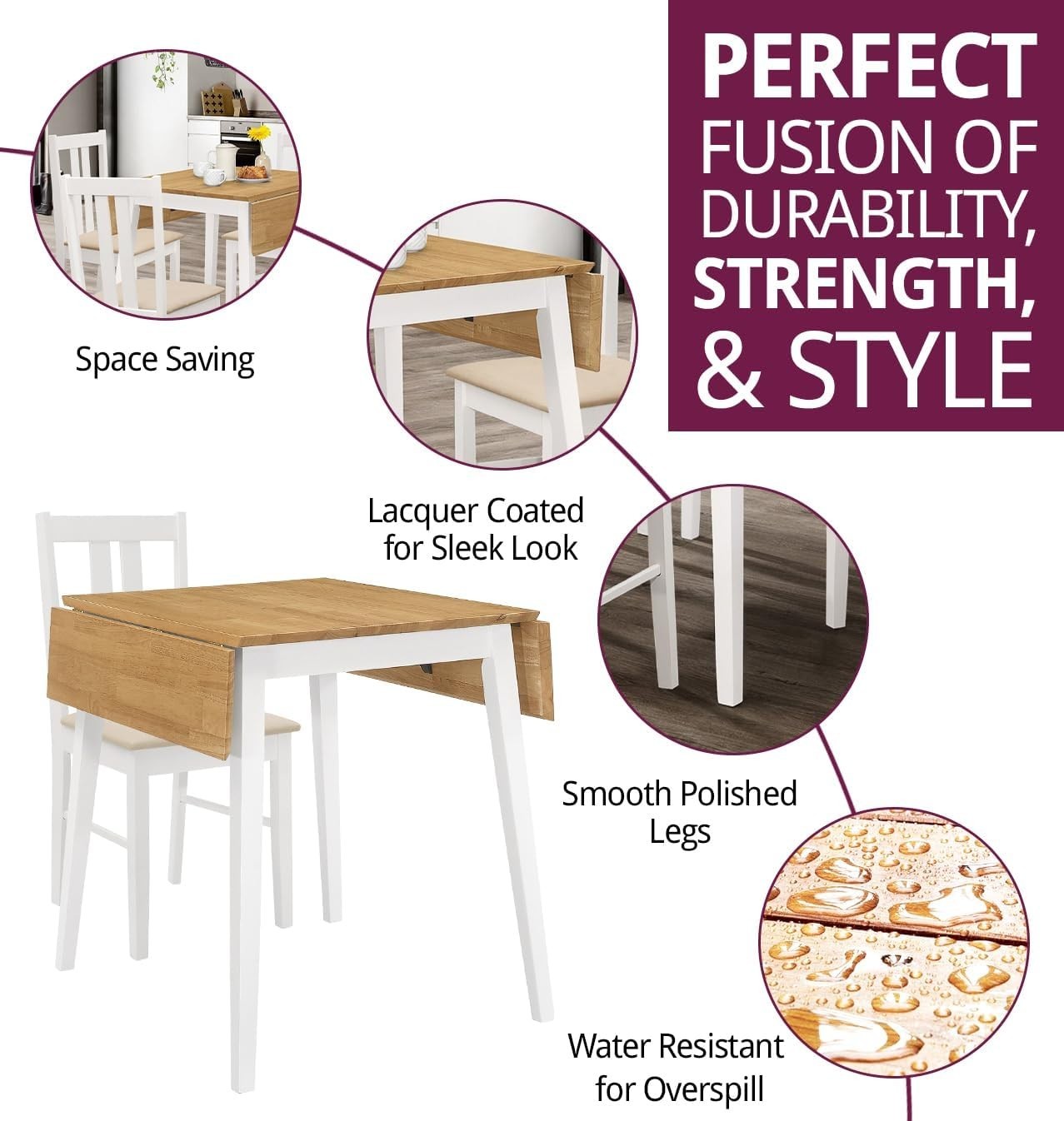 Drop Leaf Dining Table Set with 4 Chairs Oak White Foldable Space Saving