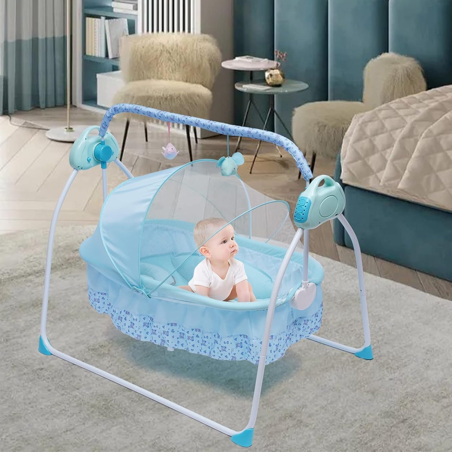 Electric Baby Cradle Swing with Bluetooth Music Timer Remote Travel Bassinet